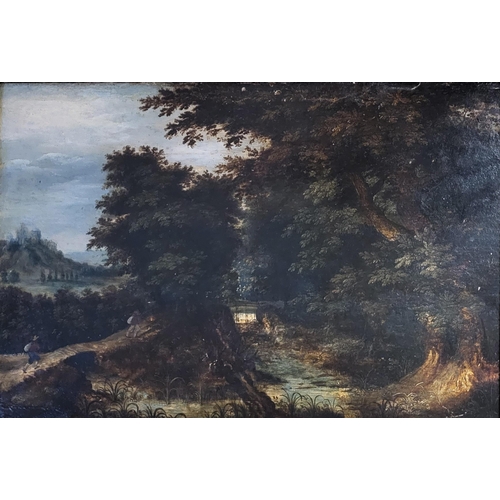 310 - AN 18TH/19TH CENTURY OIL ON PANEL, LANDSCAPE WITH FIGURE 
Gilt framed.
(w 64cm x h 46cm)

Condition:... 