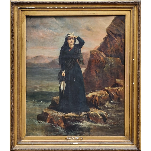 313 - A 19TH CENTURY OIL ON CANVAS, RURAL SEASCAPE, PORTRAIT OF A FISHER GIRL WITH CATCH
Gilt framed.
(w 9... 