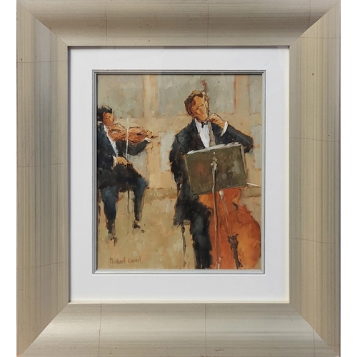 323 - MICHAEL EWART, A CONTEMPORARY OIL ON BOARD GROUP PORTRAIT
Titled ‘Cello and Violin’, signed lower le... 