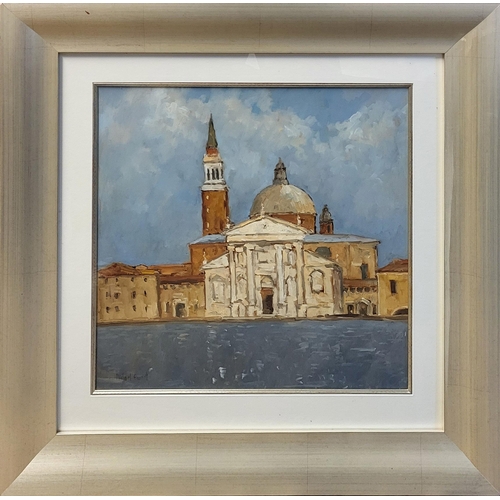 324 - MICHAEL EWART, A CONTEMPORARY OIL ON BOARD VENETIAN LANDSCAPE
Titled ‘San Giorgio Maggione’, signed ... 