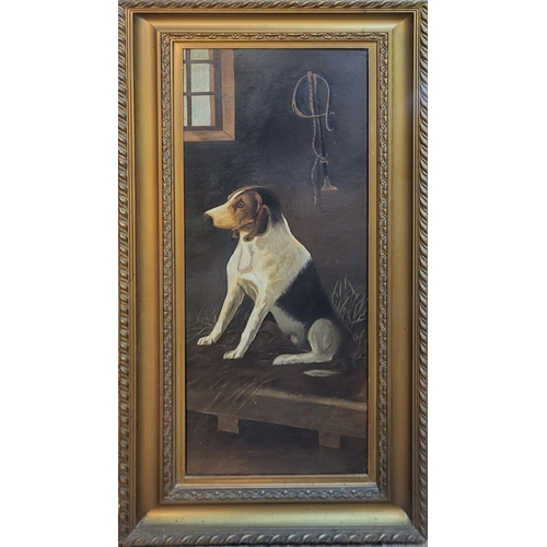 325 - AN EARLY 20TH CENTURY OIL ON CANVAS STUDY OF A FOX HOUND/HUNTING DOG
Seated pose with riding crop, i... 