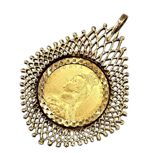 51 - A VICTORIAN 22CT GOLD HALF SOVEREIGN COIN PENDANT, DATED 1890 
With shield back in pierced yellow me... 