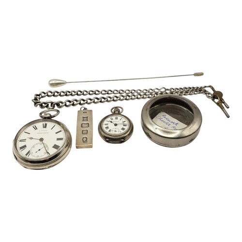 54 - A VICTORIAN SILVER GENTS POCKET WATCH AND ALBERT CHAIN
Marked C. Ward Shrewsbury, hallmarked Chester... 