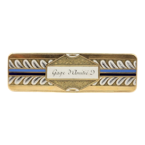 66 - AN EARLY 19TH CENTURY YELLOW METAL AND ENAMEL RECTANGULAR SNUFF BOX
The central panel bearing motto ... 