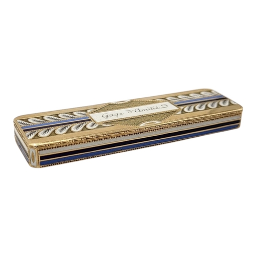 66 - AN EARLY 19TH CENTURY YELLOW METAL AND ENAMEL RECTANGULAR SNUFF BOX
The central panel bearing motto ... 