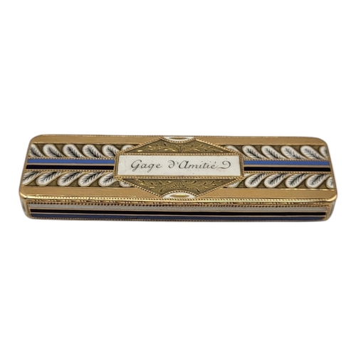 66 - AN EARLY 19TH CENTURY YELLOW METAL AND ENAMEL RECTANGULAR SNUFF BOX
The central panel bearing motto ... 