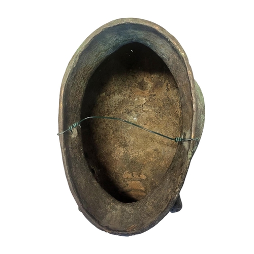 256 - AN AFRICAN BRONZE TRIBAL MASK
Engraved decoration and verdigris to surface.
(approx 39cm)

Condition... 