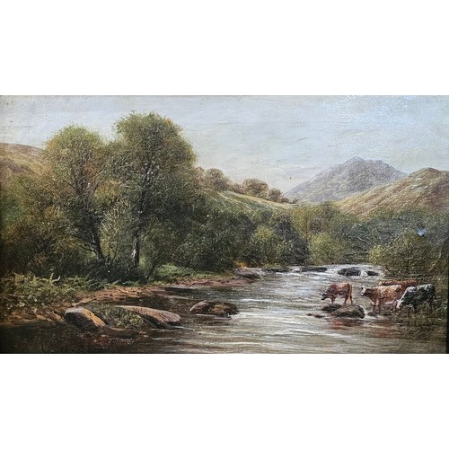 621 - A 19TH CENTURY OIL ON CANVAS ‘HIGHLAND SCENE’ LANDSCAPE
River scene, with cattle, in carved gilt fra... 