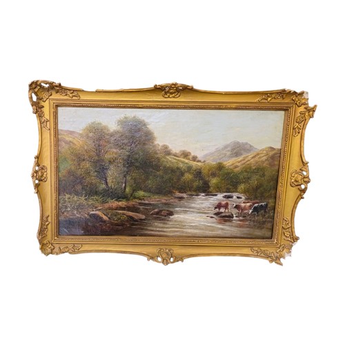 621 - A 19TH CENTURY OIL ON CANVAS ‘HIGHLAND SCENE’ LANDSCAPE
River scene, with cattle, in carved gilt fra... 