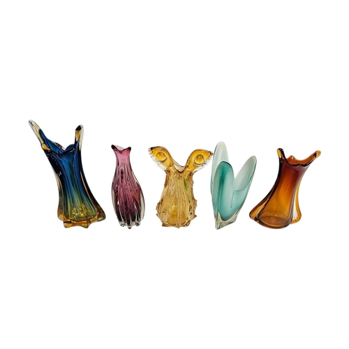 249 - A COLLECTION OF FIVE VINTAGE ART GLASS VASES
to include two amber glass vases and a marine blue vase... 