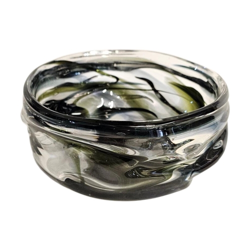 291 - WHITEFRIARS, A MID CENTURY ‘KNOBBERLY’ COLOURED ART GLASS BOWL,dark and light green glass on clear g... 