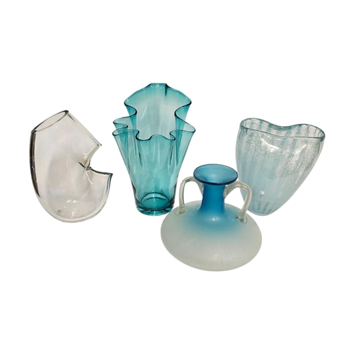 305 - A COLLECTION OF FOUR VINTAGE ART GLASS VASES
to include a turquoise handkerchief vase, a twin handle... 