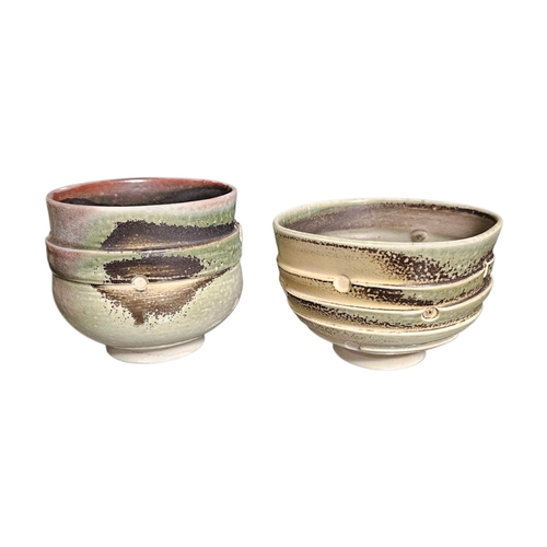 371 - JACK DOHERTY, Bn 1948, TWO VINTAGE ART POTTERY BOWLS,
raised and stepped decoration with green glaze... 