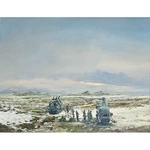 JOHN ALAN HAMILTON,1919 - 1993, OIL ON BOARD Military landscape, titled ...