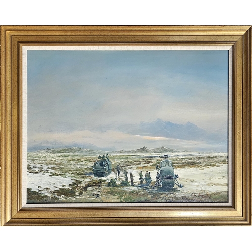 JOHN ALAN HAMILTON,1919 - 1993, OIL ON BOARD Military landscape, titled ...