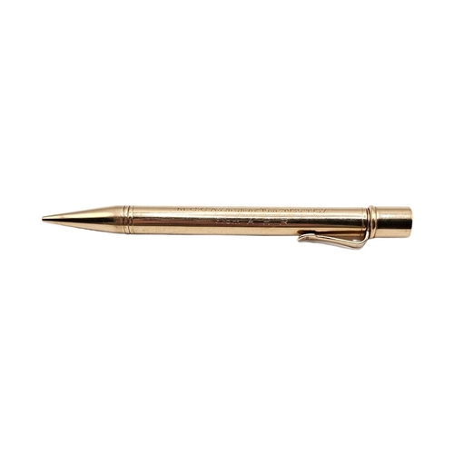 167 - SAMPSON MORDAN AND CO., A 9CT GOLD ‘CRICKET’ COMMEMORATIVE PROPELLING PENCIL
Plain form inscribed ‘W... 