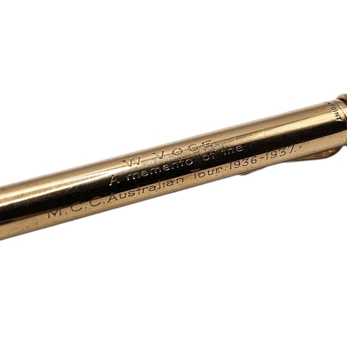 167 - SAMPSON MORDAN AND CO., A 9CT GOLD ‘CRICKET’ COMMEMORATIVE PROPELLING PENCIL
Plain form inscribed ‘W... 