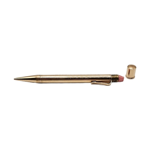 167 - SAMPSON MORDAN AND CO., A 9CT GOLD ‘CRICKET’ COMMEMORATIVE PROPELLING PENCIL
Plain form inscribed ‘W... 