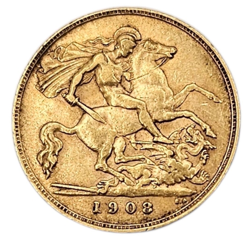 30 - A KING EDWARD VII 22CT GOLD HALF SOVEREIGN COIN, DATED 1908 
With George and dragon to reverse.
(app... 