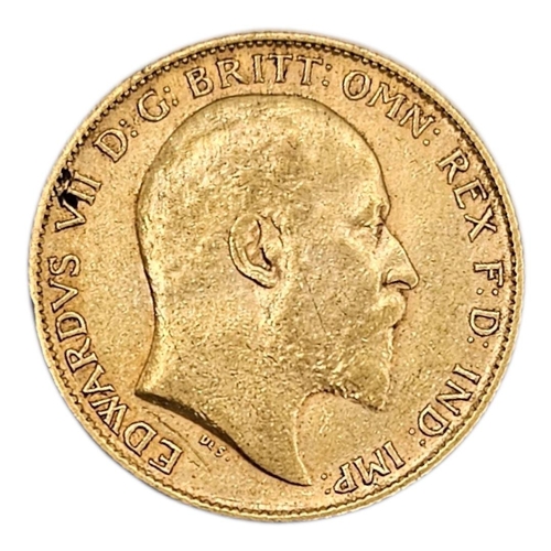 30 - A KING EDWARD VII 22CT GOLD HALF SOVEREIGN COIN, DATED 1908 
With George and dragon to reverse.
(app... 