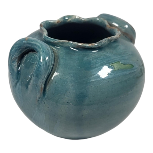165 - DELLA ROBBIA OF BIRKENHEAD, 1894 - 1906, ARTS & CRAFTS MOVEMENT EARTHENWARE BLUE GLAZED TWIN HANDLED... 