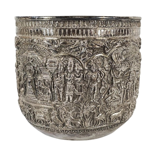 21 - A LARGE LATE 19TH CENTURY BURMESE SILVER REPOUSSÉ BOWL
Substantial deep circular form bowl, masterfu... 