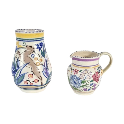 245 - TWO ART DECO POOLE POTTERY JUGS,
Comprising a baluster vase with a leaping gazelle motif (pattern 43... 