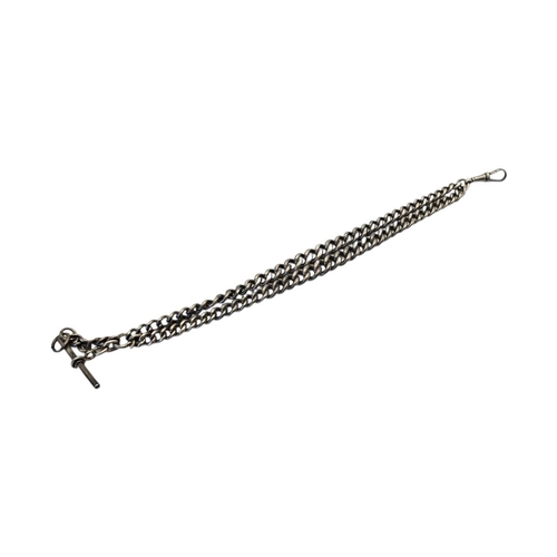 68 - AN EARLY 20TH CENTURY SILVER DOUBLE ALBERT POCKET WATCH CHAIN
Graduated links with T Bar.
(approx 63... 