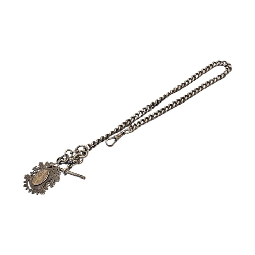 69 - AN EARLY 20TH CENTURY SILVER ALBERT POCKET WATCHES CHAIN CHAIN AND FOB
Having a T bar and shield for... 