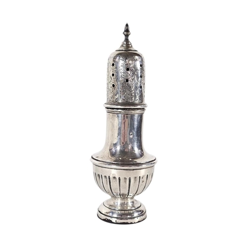 84 - A LARGE EARLY 20TH CENTURY SILVER SUGAR CASTOR
Having engraved decoration to dome top, hallmarked Bi... 