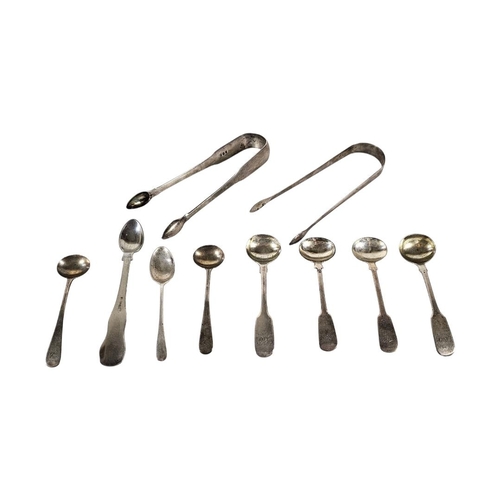 91 - A COLLECTION OF GEORGIAN AND LATER SILVER FLATWARE
To include two sugar tongs, mustard spoons includ... 