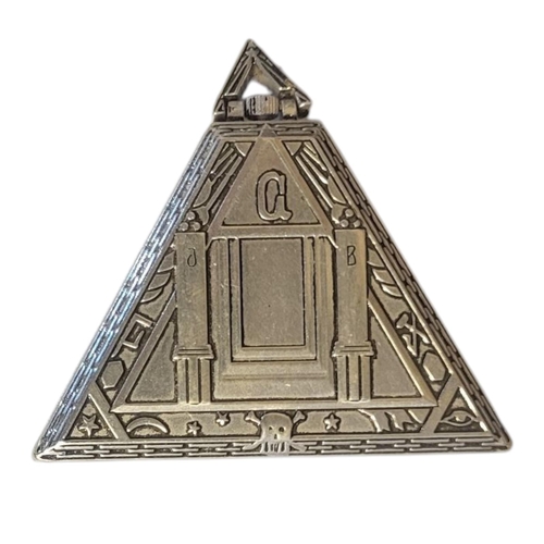 148 - A CONTINENTAL WHITE METAL AND ENAMEL MASONIC POCKET WATCH
Triangular form, with black enamel and mec... 