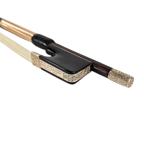 100 - MADE BY JAMES TUBBS ON HIS 81ST BIRTHDAY, MARCH 1916, A FINE GOLD MOUNTED VIOLIN BOW
Round stick, en... 