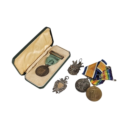 113 - A PAIR OF WWI BRITISH ARMY WAR MEDALS
Awarded to 154745 Gnr FJ Atkins RA, together with a Royal Hort... 