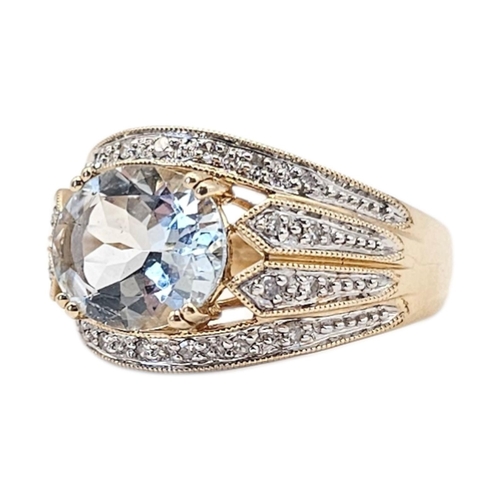 137 - A 14CT GOLD, AQUAMARINE AND DIAMOND CLUSTER RING
The central oval cut stove within four rows of diam... 