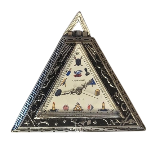 148 - A CONTINENTAL WHITE METAL AND ENAMEL MASONIC POCKET WATCH
Triangular form, with black enamel and mec... 