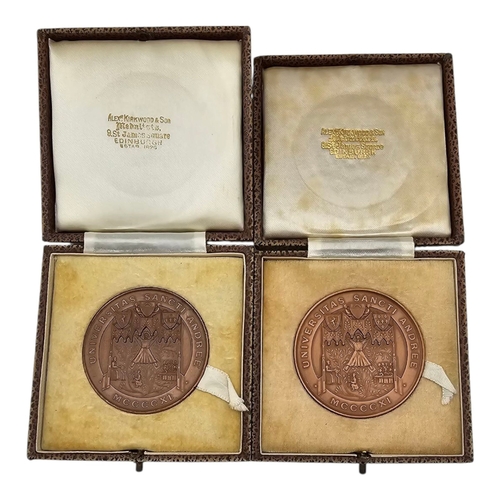 159 - A PAIR OF ST. ANDREWS UNIVERSITY COMMEMORATIVE BRONZE MEDALLIONS
Bearing the motto ‘University’s San... 