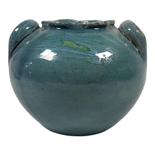 165 - DELLA ROBBIA OF BIRKENHEAD, 1894 - 1906, ARTS & CRAFTS MOVEMENT EARTHENWARE BLUE GLAZED TWIN HANDLED... 