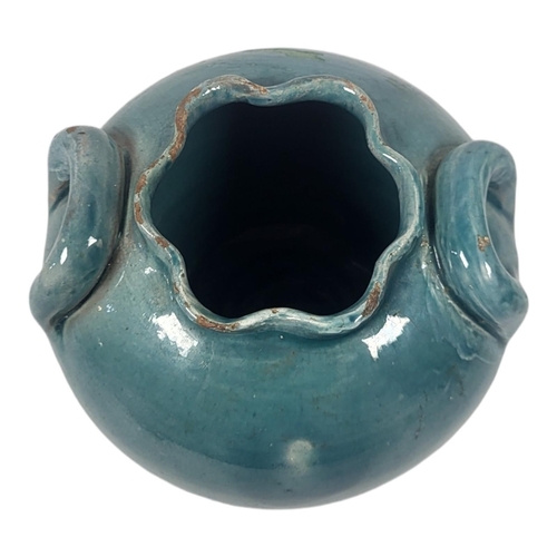 165 - DELLA ROBBIA OF BIRKENHEAD, 1894 - 1906, ARTS & CRAFTS MOVEMENT EARTHENWARE BLUE GLAZED TWIN HANDLED... 