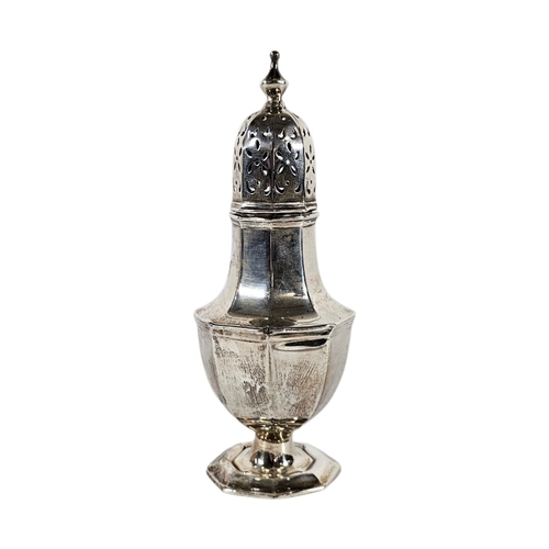 18 - AN EARLY 20TH CENTURY SILVER SUGAR CASTOR
Having a pierced dome top, on an octagonal base, hallmarke... 