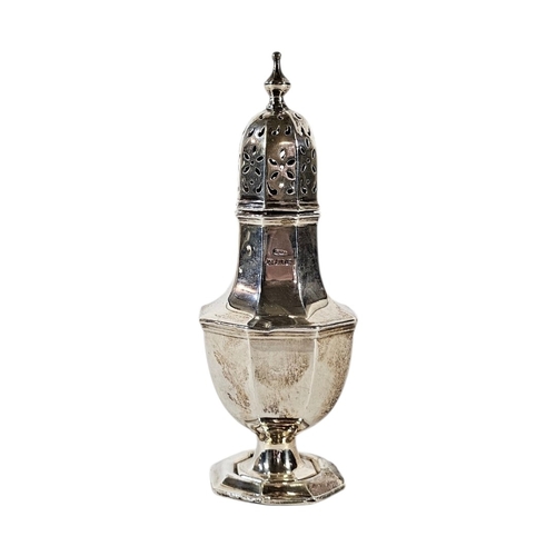 18 - AN EARLY 20TH CENTURY SILVER SUGAR CASTOR
Having a pierced dome top, on an octagonal base, hallmarke... 