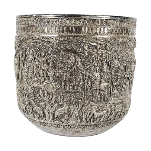 21 - A LARGE LATE 19TH CENTURY BURMESE SILVER REPOUSSÉ BOWL
Substantial deep circular form bowl, masterfu... 