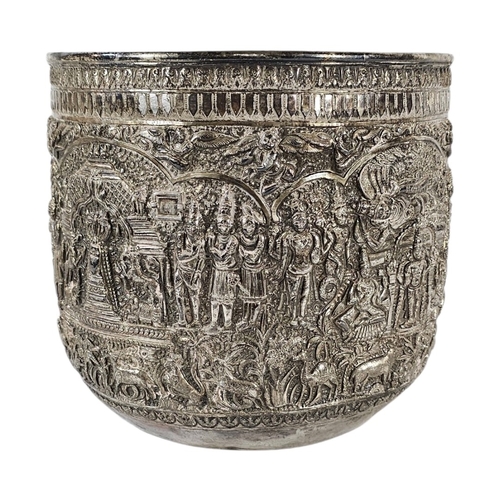 21 - A LARGE LATE 19TH CENTURY BURMESE SILVER REPOUSSÉ BOWL
Substantial deep circular form bowl, masterfu... 