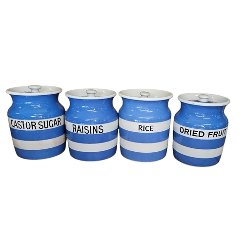229 - T.G. GREEN, A SET OF FOUR EARLY 20TH CENTURY CORNISHWARE POTTERY CANISTERS
Having cobalt blue and wh... 