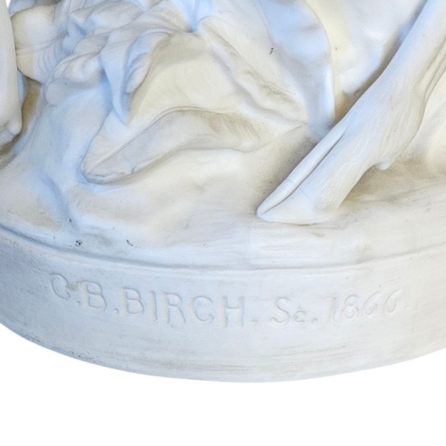 237 - A VICTORIAN PARIAN ‘DIANA THE HUNTRESS’ FIGURAL GROUP 
Seated on a rocky outcrop cradling a fawn, a ... 