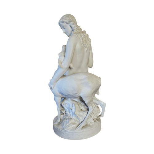 237 - A VICTORIAN PARIAN ‘DIANA THE HUNTRESS’ FIGURAL GROUP 
Seated on a rocky outcrop cradling a fawn, a ... 