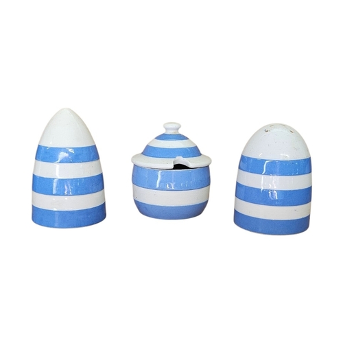 242 - T.G. GREEN, AN EARLY 20TH CENTURY CORNISHWARE' POTTERY CRUET SET
Three piece comprising a salt shake... 