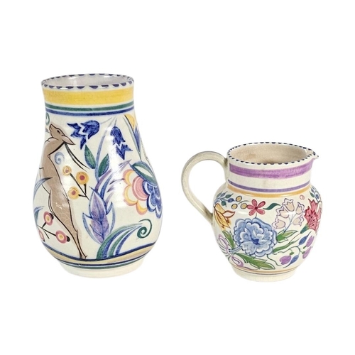 245 - TWO ART DECO POOLE POTTERY JUGS,
Comprising a baluster vase with a leaping gazelle motif (pattern 43... 