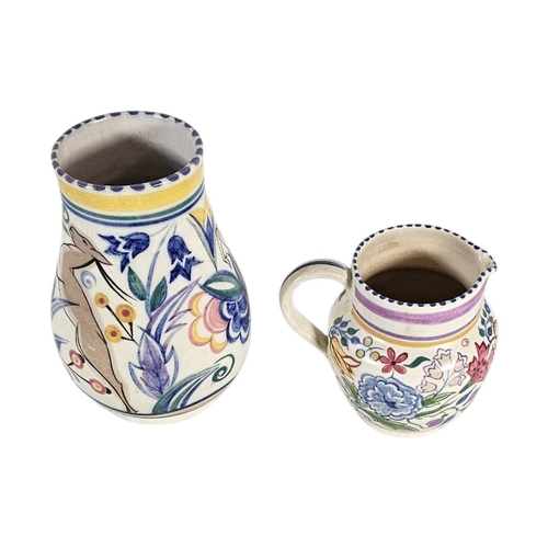 245 - TWO ART DECO POOLE POTTERY JUGS,
Comprising a baluster vase with a leaping gazelle motif (pattern 43... 