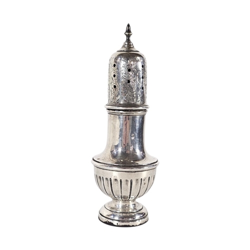 84 - A LARGE EARLY 20TH CENTURY SILVER SUGAR CASTOR
Having engraved decoration to dome top, hallmarked Bi... 